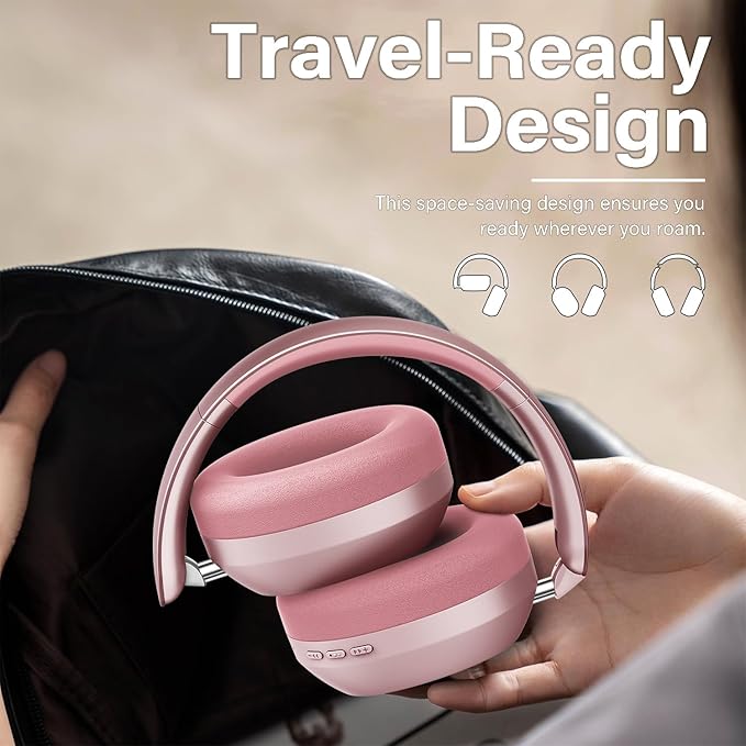 Y05 Bluetooth Headphones Wireless Over Ear with Microphone 48 Hours Playtime, High Sound Quality Foldable Soft Earpads Earphones for Travel - Pink