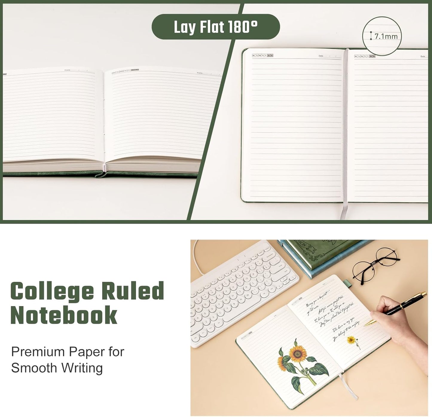 Sunflower Journal for Girls Women Journals for Writing 100GSM College Ruled A5 Leather Notebook for Girls Ages 8-12 Flower Diary with Heart-Shaped Shadow, 5.7" x 8.3", Green