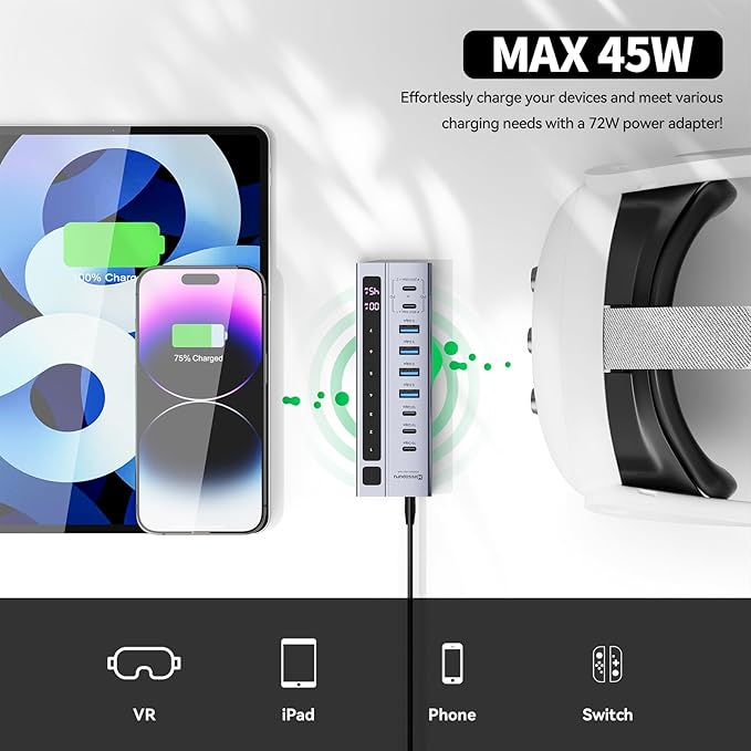 Minisopuru Powered USB C Hub – Support Max 45W Charging with 72W Power Adapter, 10Gbps Data Transfer, USB-C Powered Hub for Laptop, MacBook,iPad (Not for Monitor)