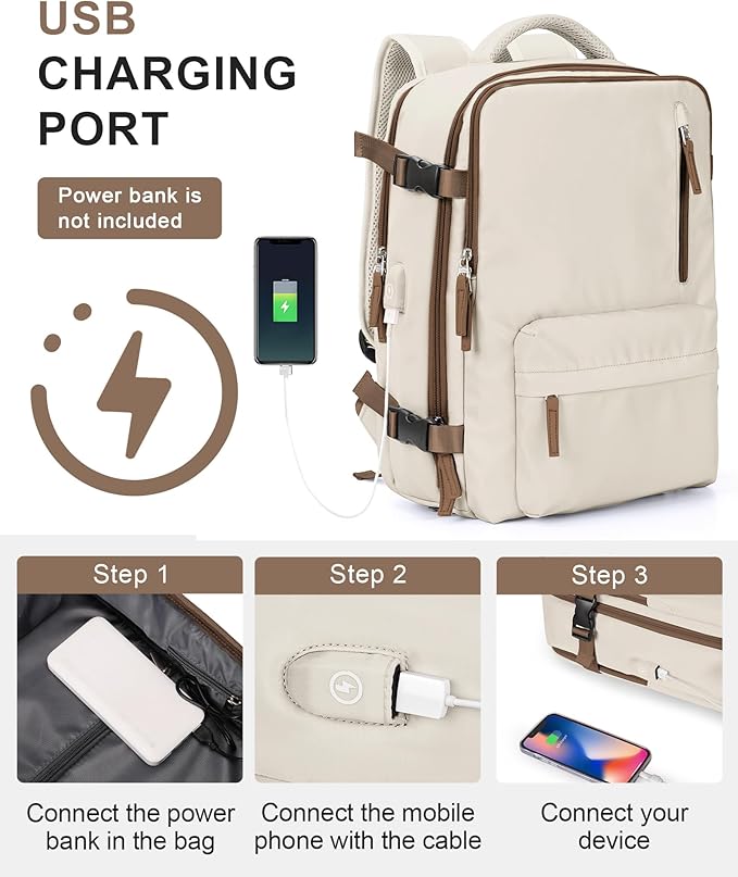 VECAVE Carry On Backpack for Women,Large Travel Backpack Flight Approved,Waterproof 15.6 Inch Laptop Backpack Business Work Backpacks Men Mochila De Viaje WhiteBrown