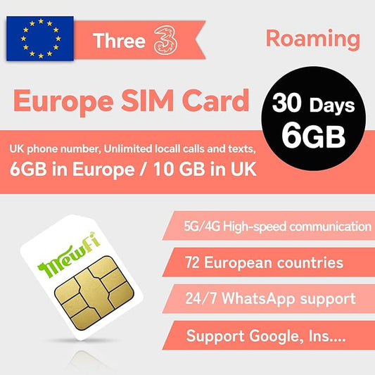 2 Pcs Prepaid Europe Sim Card 30 Days, EU 6GB / UK 10GB, Activation Required & 24/7 Whatsapp Support, Unlimited Local Calls and SMS, UK Three SIM Card Applicable to 72 Countrie
