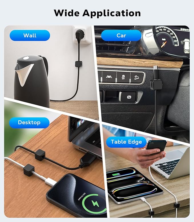 MoKo 8 Pack Magnetic Cable Clips, Desk Cord Organizer, Adhesive Cord Holder, Cable Management Wire Holder Keeper for Nightstand Desk Kitchen Office Car Wall Glass, Black