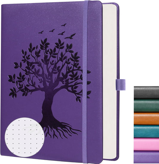 ZXHQ B5 Bullet Dotted Journal Notebook for Women:150gsm Thick Paper, 256 Pages, Dot Grid Hardcover, Tree of Life Design, Fine Inner Pocket - 7.7" × 10" Purple