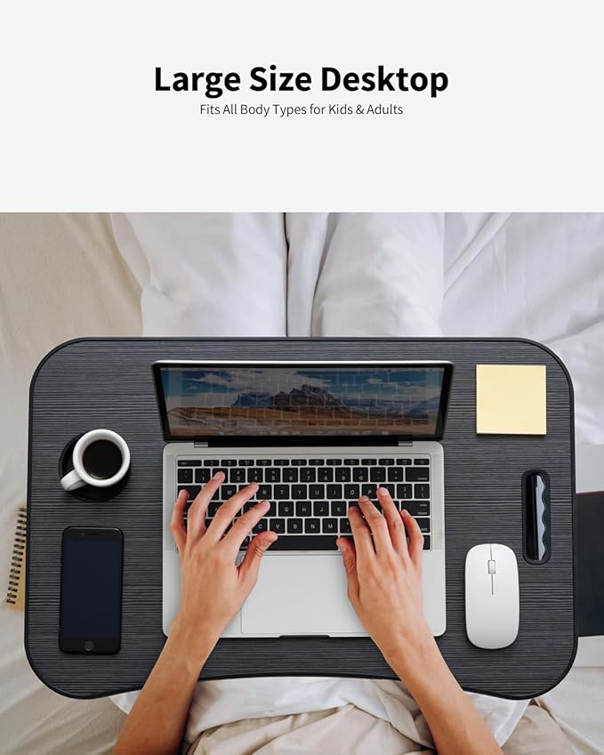 Foldable Lap Desk, Laptop Bed Desk, Portable Lap Table, Laptop Bed Table with Cup Holder & Tablet Slot & Lifting Handle for Working Writing Drawing & Eating - Black Wood