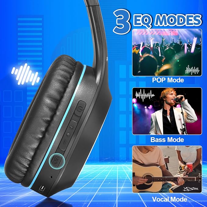 Bluetooth Headphones Over Ear, 68H Playtime 3 EQ Music Modes Wireless Headphones with Microphone/Deep Bass, Foldable Lightweight Headset for PC Home Travel Office(Black Blue)