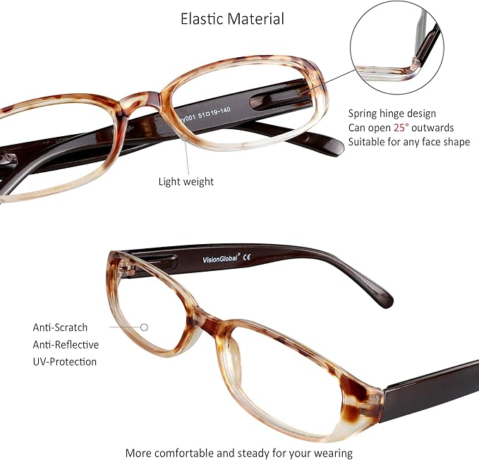 VisionGlobal 4 Pairs Reading Glasses with Spring Hinge, Blue Light Blocking Glasses for Women/Men (Tortoise,+1.75 Magnification)
