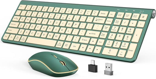 JOYACCESS Wireless Keyboard and Mouse Combo,2.4G Ergonomic Typewriter Keyboard with Type-C Receiver and Adjustable Tilt for Computer, Windows,Desktop, PC, Laptop-Cangling Green