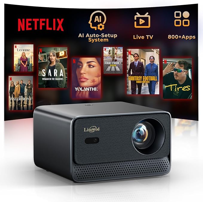 Projector with WiFi and Bluetooth, Mini-Projector: [Netflix-Licensed & AI Auto-Setup System & Live TV & 900ANSI & 600+Apps & Dolby Audio], Lisowod L03Pro 1080P Smart Portable-Outdoor-Movie Projector