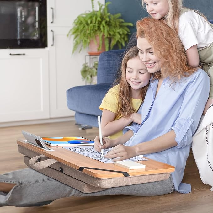 wishacc Oversized Bamboo Lap Desk with Phone/Tablet Slots & Cushion Pillow – Extra-Large Portable Laptop Stand for Home, Office, Bed, Car