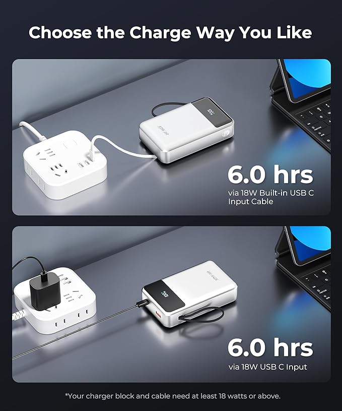 Portable-Charger-Power-Bank Travel Essentials Battery Pack USB C 30000mAh Built in Cable 22.5W Phone Fast Charging Powerbank Compatible with iPhone 16 15 14 13 12 11 iPad Samsung Google (White)