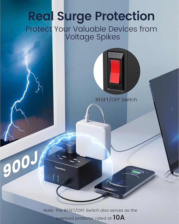 Power Strip USB Surge Protector - SUPERDANNY 9.8ft Mountable Charging Station with 4 Widely Spaced Outlets & 4 Smart USB Ports, Desktop Extension Cord for Home, Office, Hotel, Dorm, Room, RV, Black