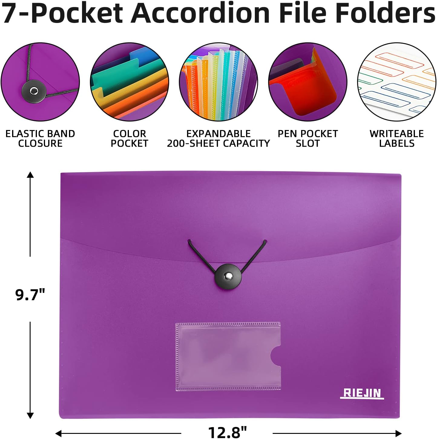 Accordian File Organizer 7 Pocket Expanding File Folder with Labels, Plastic Expandable File Folder for Documents Letter Size A4 Papers - Purple