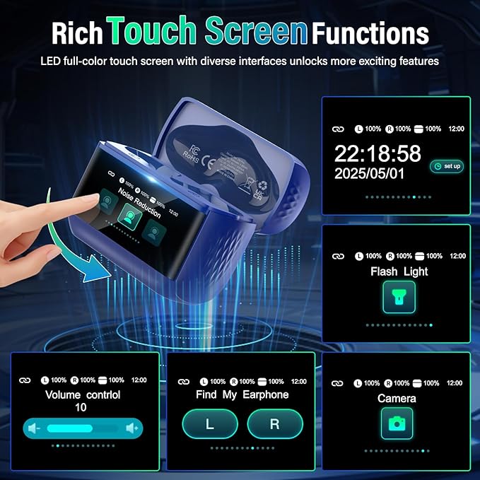 Wireless Earbuds, Bluetooth 5.4 Headphones with Multifunction Touch Screen, 48H Deep Bass Stereo Ear Buds, 5 EQ Modes, ANC/ENC Noise Cancelling, Transparency Mode, IPX7 Bluetooth Earbuds, Blue