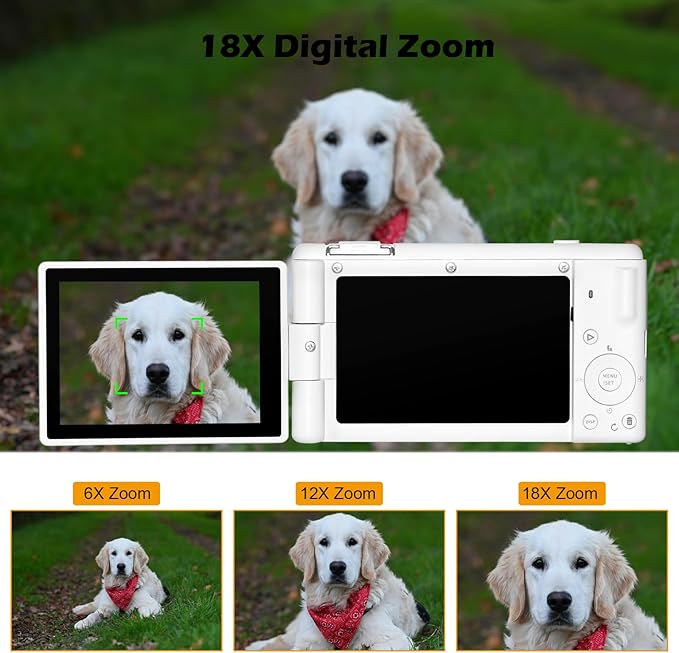 5K 4K Digital Camera with Flip Screen Flash, 80MP 18X Zoom Autofocus Compact Point and Shoot Digital Cameras for Teens, Beginners, Photography, Vlogging, Travel with 2 Batteries (White)