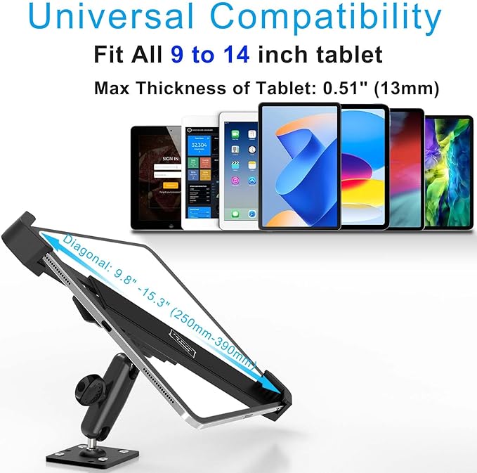 Tablet Wall Mount Lock Holder for 9-14" iPad, Metal Anti Theft Tablet Kiosk Mount with Secure Lockable for Conference Room, Desktop, Under Counter, Cabinet, Gym - Fits iPad, Galaxy Tab Series