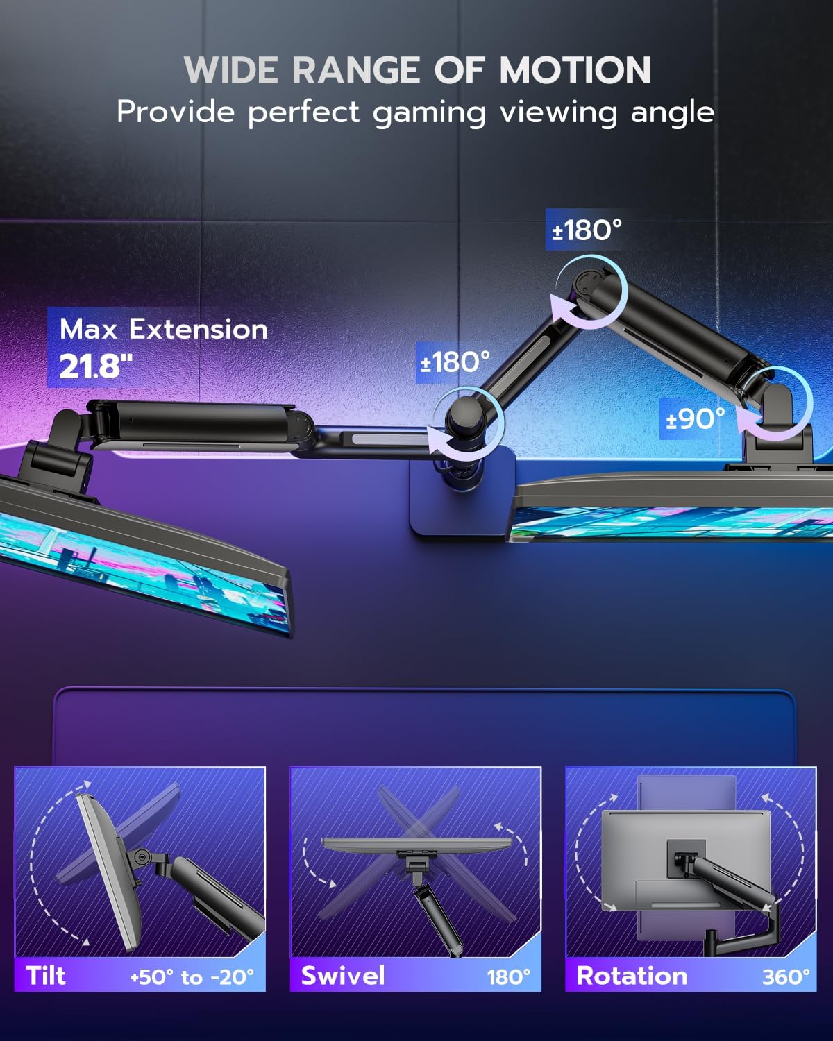 ARES WING Dual Monitor Mount for 17-49 Inch Ultrawide Heavy Duty Curved Screen, Computer Monitor Arm Desk Mount, Gas Spring Adjustable Vesa Stand, Black