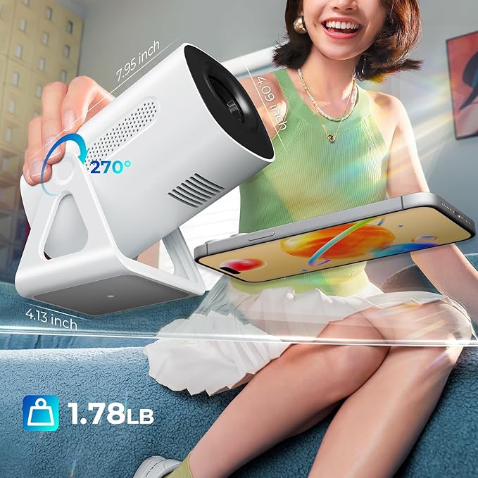 Portable WiFi and Bluetooth Projector - 4K 1080P Supported Mini Movie Projector, 270°Adjustable Stand Outdoor Home Theater Star Projector with Ambient Light for Phone TV Stick Laptop