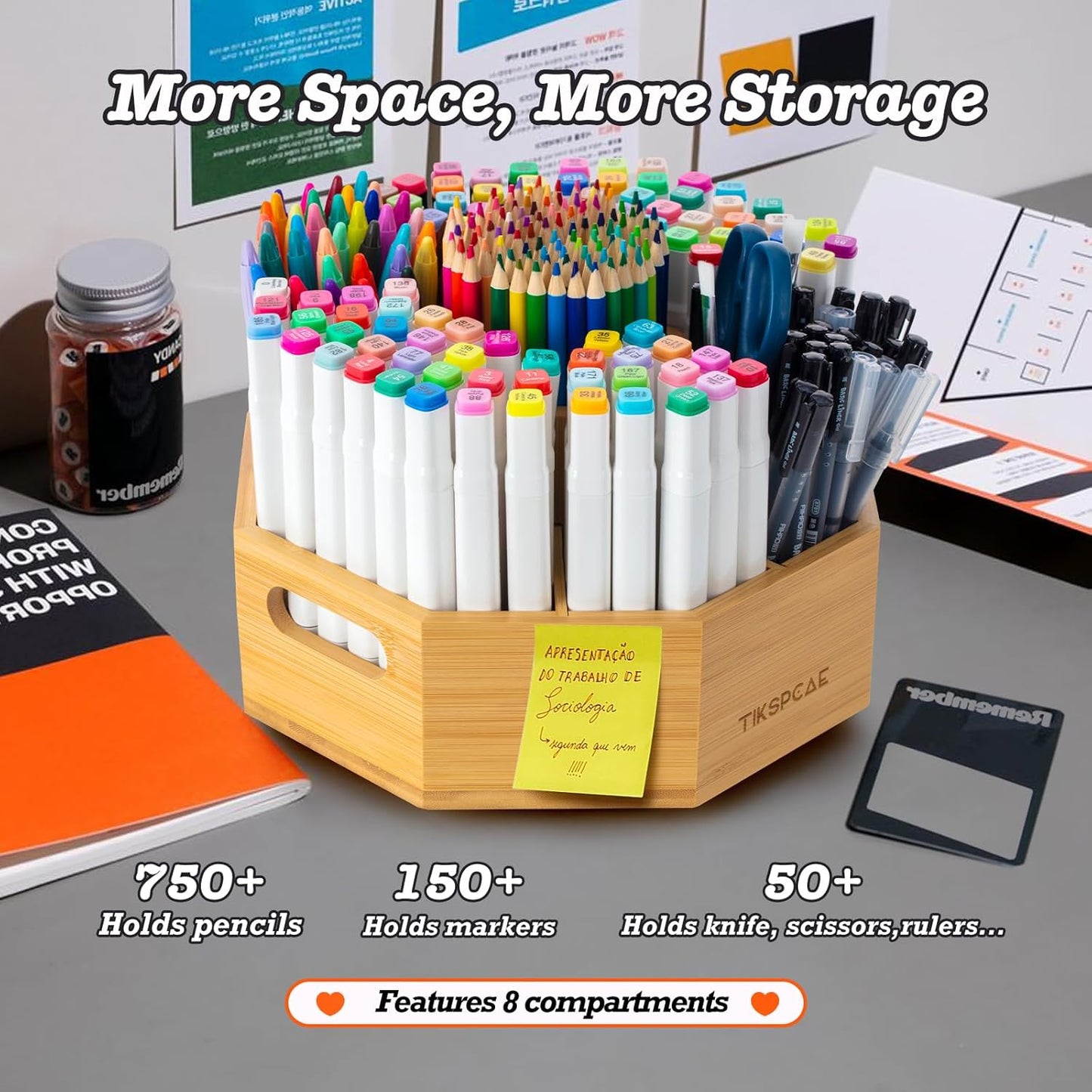360° Rotating Art Supply Organizer, Holds 750+ Pencils, Bamboo Marker & Pen Holder with Handles, Desk Storage Caddy for Paint Brushes, Crayons, Ideal for Office, Home, Classroom