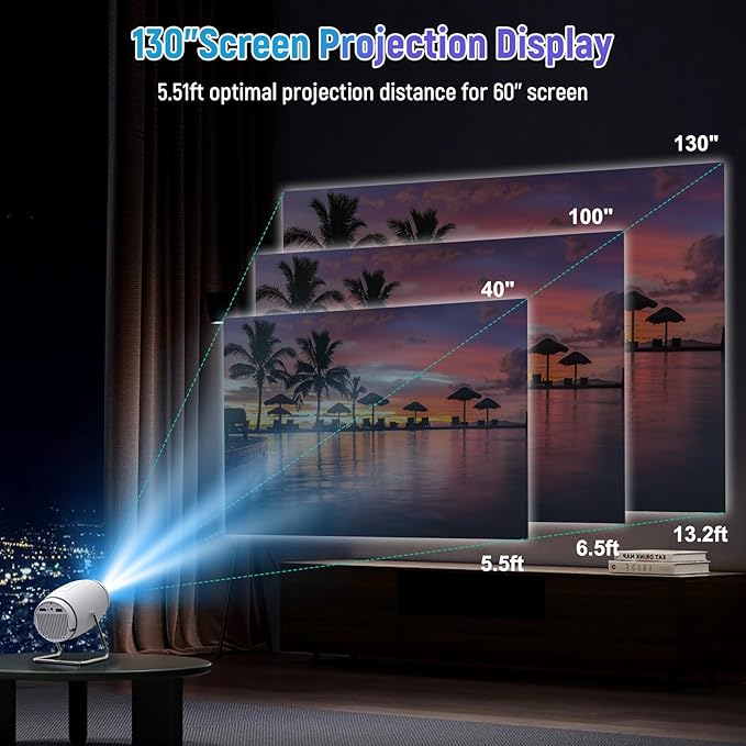 Mini Portable Movie Projector with WiFi and Bluetooth, 4K 1080P Support, 180° Rotatable 130'' Screen, Auto Keystone Compatible with HDMI/USB/Smartphone/PC/Laptop
