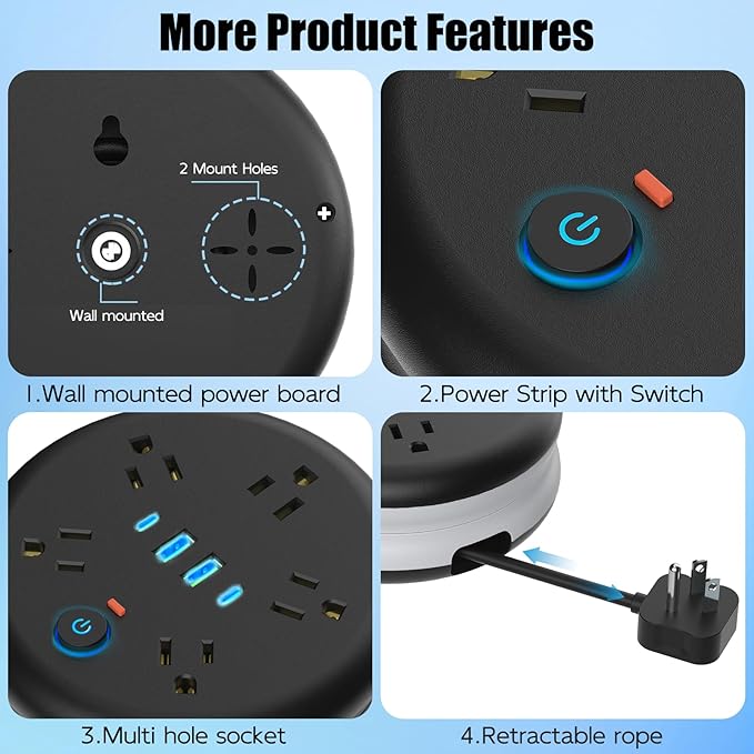 Retractable Travel Power Strip: 10 ft Extension Cord Portable Powerstrip with 5 Outlet 2 Smart USB Port 2 USB C for Travel Cruise Ship Beach Vacation