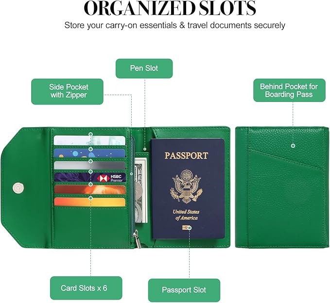 Passport Holder Cover,Passport Book Holder,Rfid Blocking Travel Wallet Protect Your Card Security,Leather Travel Document Organizer for Men Women,Airport Essentials Gift (Green)