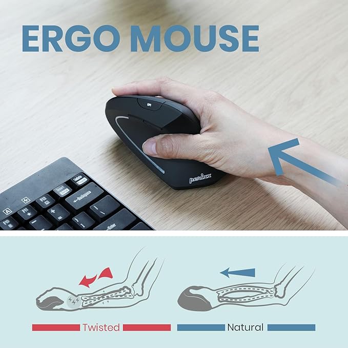 Perixx PERIMICE-713R Wireless Rechargeable Vertical Mouse - Duo Wired and Wireless Charging Feature - 6 Buttons Design - Black - Right-Handed Design