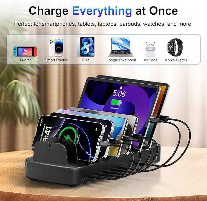 260W Cell Phone Charging Station for Multiple Devices, 10-Port USB C Fast Charger Hub for MacBook, iPhone, Android, iPad, Tablet, Kindle, Family Multi-Device Organizer Charging Dock, White (Black)