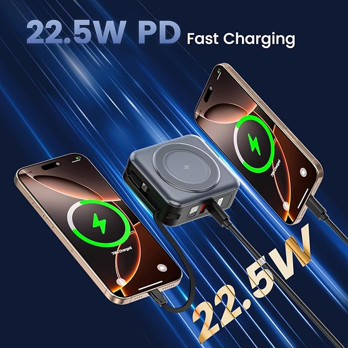 for Magsafe Portable Charger with AC Wall Plug, 6-in-1 Magnetic Wireless Power Bank 10000mAh Built-in Cables, 22.5W Type-C in&Out Fast Charging Battery Pack for iPhone 16/15/14/13/12 Series, Gray