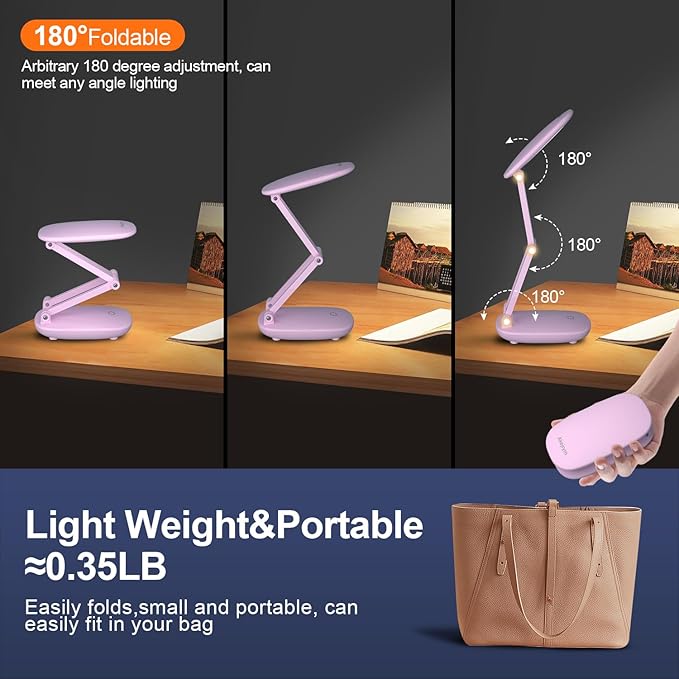 LED Desk Lamp for Office Home & Battery Operated Lamp Rechargeable Lamp Foldable & Portable Light, [2-Fold Bracket] 3 Brightness Dimmable Small Desk Lamp Wireless Reading Lamp (Pink)