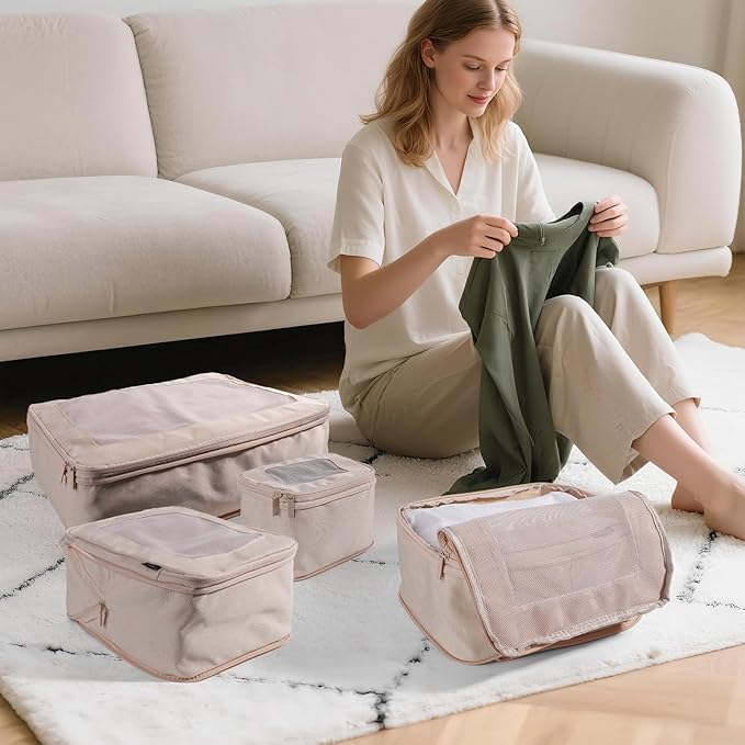 4-Set Compression Packing Cubes for Travel, Recycled Cotton Luggage Organizers, Space-Saving Suitcase Organizers, with Mesh, Travel Essentials(Beige)