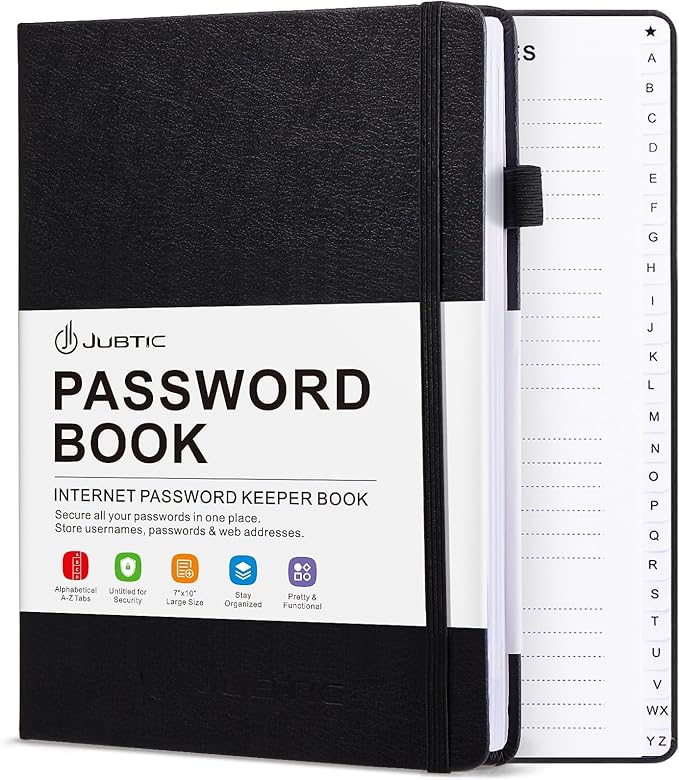 JUBTIC Password Book with Individual Alphabetical Tabs, 7"x10" Internet Password Keeper Book for Seniors, Password Notebook and Organizer/Notes Section, Black