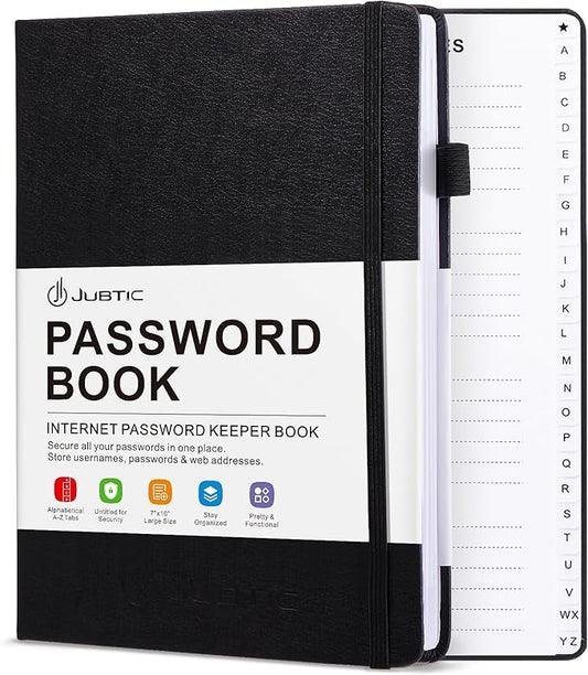 JUBTIC Password Book with Individual Alphabetical Tabs, 7"x10" Internet Password Keeper Book for Seniors, Password Notebook and Organizer/Notes Section, Black