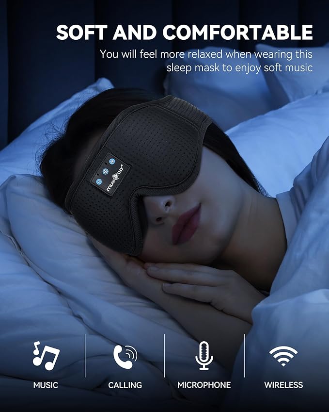 MUSICOZY 3D Bluetooth Sleep Mask with Headphones, Wireless Music Sleep Headband Eye Mask for Side Sleepers, Ideal for Sleeping, Travel, Meditation, Cool Gadgets Unique Gifts