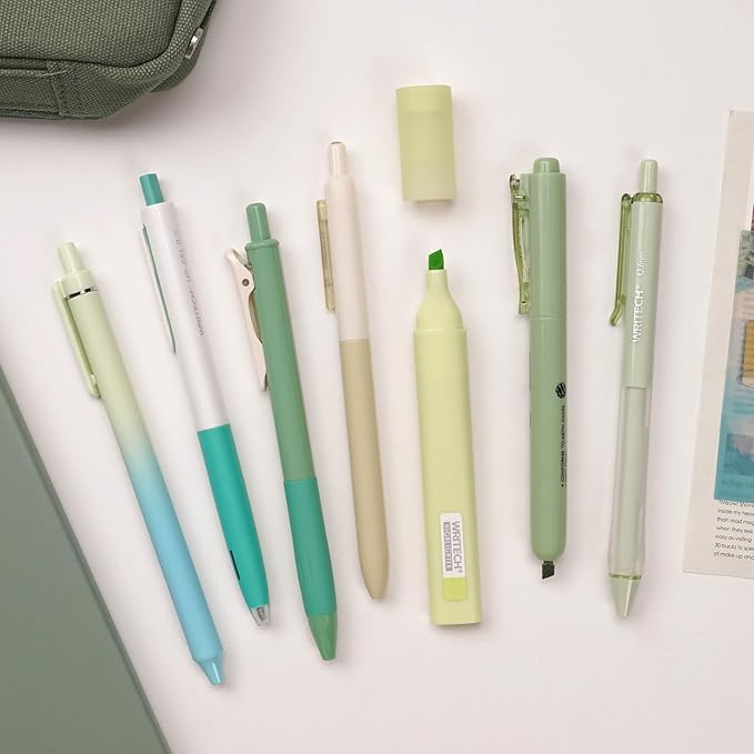 WRITECH Gel Pens Journaling Highlighters: Journal Set Aesthetic Assorted Pastel Color Ink 0.5mm Fine Point Retractable 0.7mm Black Pen Smooth Writing Drawing No Bleed 7ct (Green)