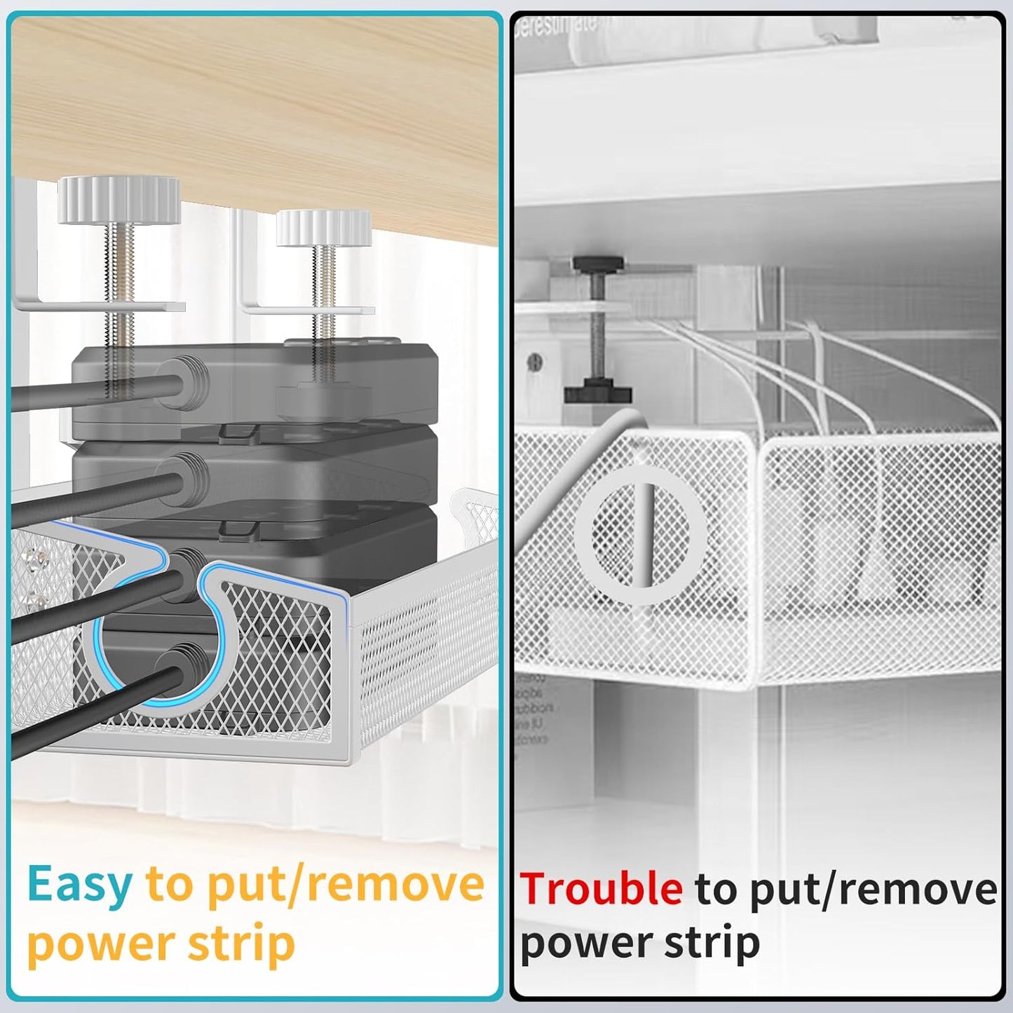 Under Desk Cable Tray White, No Drill Cable Organizer with Clamp for Wire Management, PC Cord Organizer & Workspace Accessories for Office, Home