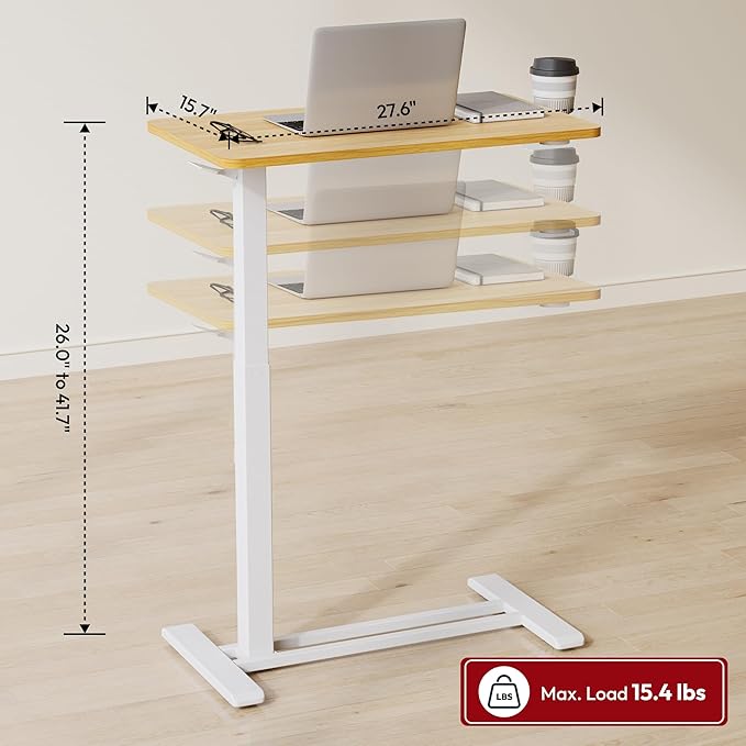 SANODESK Medical Adjustable Overbed Bedside Table with Hidden Casters, Pneumatic Mobile Laptop Computer Standing Desk Cart with Tray, Hospital and Home Use(27.6" W x 15.7" D, Maple)