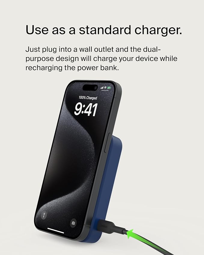 Belkin Portable Charger, Wireless Power Bank 15W 10000 mAh w/ Qi2, MagSafe Charger + Built-in Pop-up Kickstand - Compatible w/iPhone 17, Air, Pro, Pro Max, Google Pixel 10, etc. - Blue