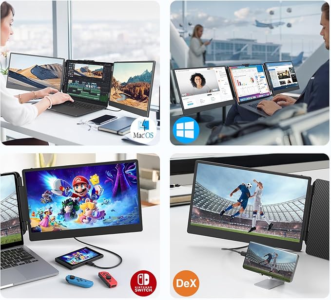 14'' Screen Extender Portable Laptop Plug-play, 1080P IPS Laptop Monitor Extender Built-in Speaker, HDMI/USB-A/Type-C Triple Monitor for 13''-17.3'' Laptops, Work with Mac, Windows, Chrome, Switch