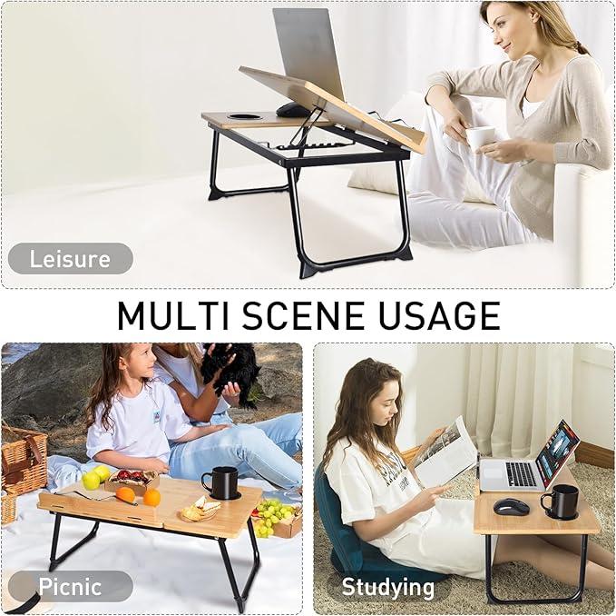 wishacc Book Stand for Reading in Bed, Bamboo Laptop Stand Adjustable Book Holder Tray with Page Paper Clips Multi Angles Adjustable Cooking Bookstands for Textbook Recipe Magazine Tablet Portable