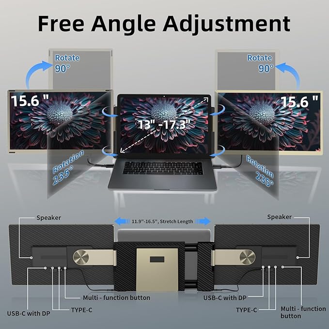 ROYY Laptop Screen Extender Triple Monitor - 15.6" Detachable Portable Computer Monitor, FHD 1080P IPS 235 Degrees Rotation Extra Screen Compatible with Mac Wins Dex Chrome Fits 13-17" Laptop