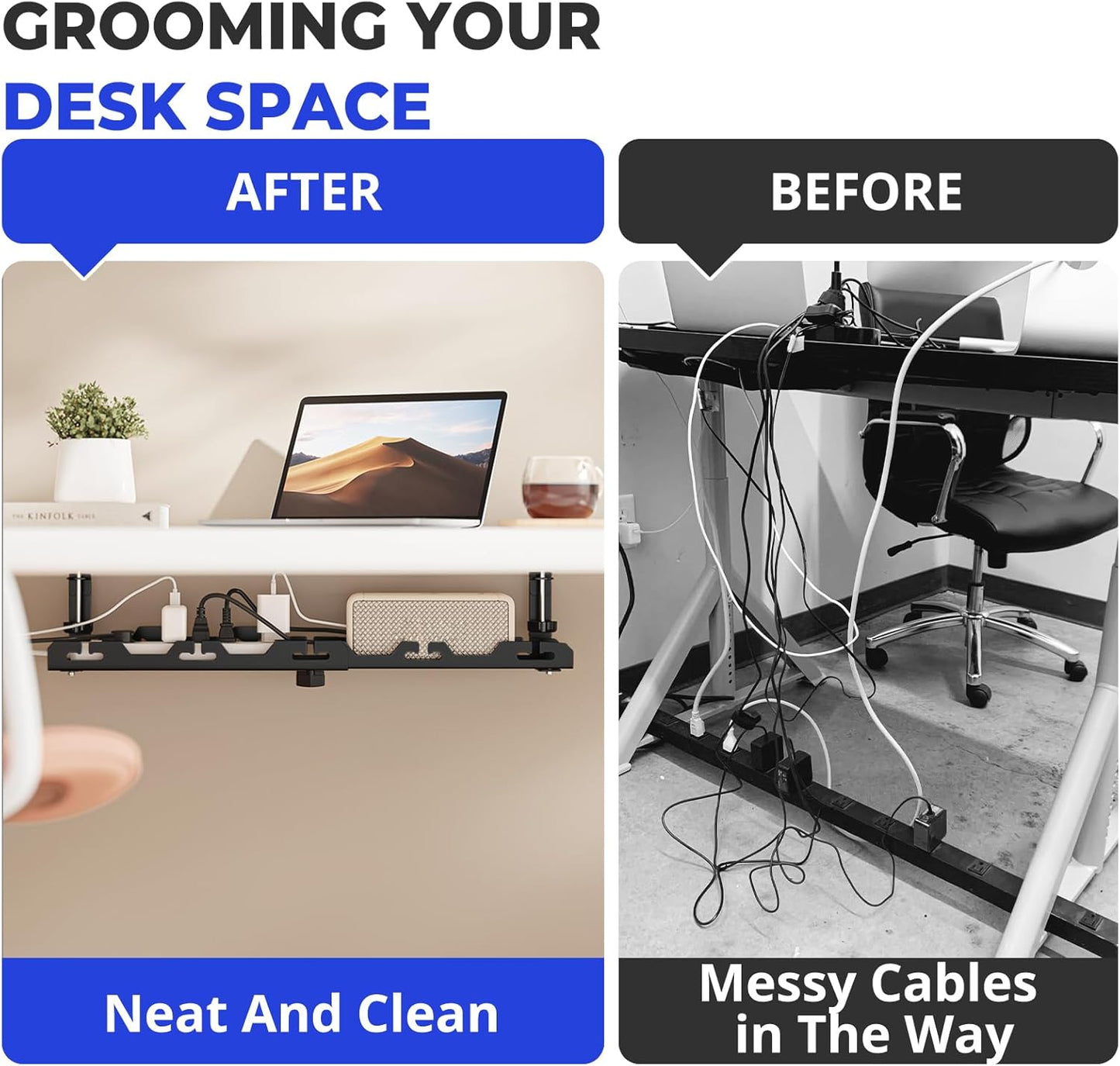 Under Desk Cable Management Tray Black Extendable 15.7"- 29.1" Metal Large Capacity Cable Management Kit No Drill Cable Management Box Cord Organizer for Desk Wire Management Cable Basket