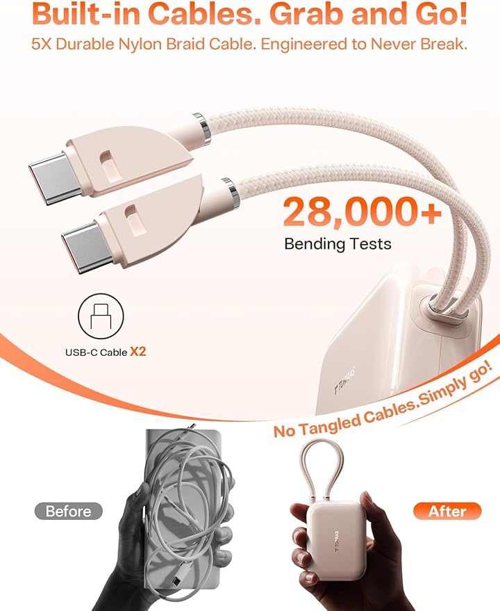 TORRAS 10000mah Portable Charger Power Bank 45W Fast Charging [Daily Use & Travel Essential] Built in Cable USB C, Phone Battery Pack Powerbank for iPhone 17 16 15, Samsung S25, S24, Google Piexl etc