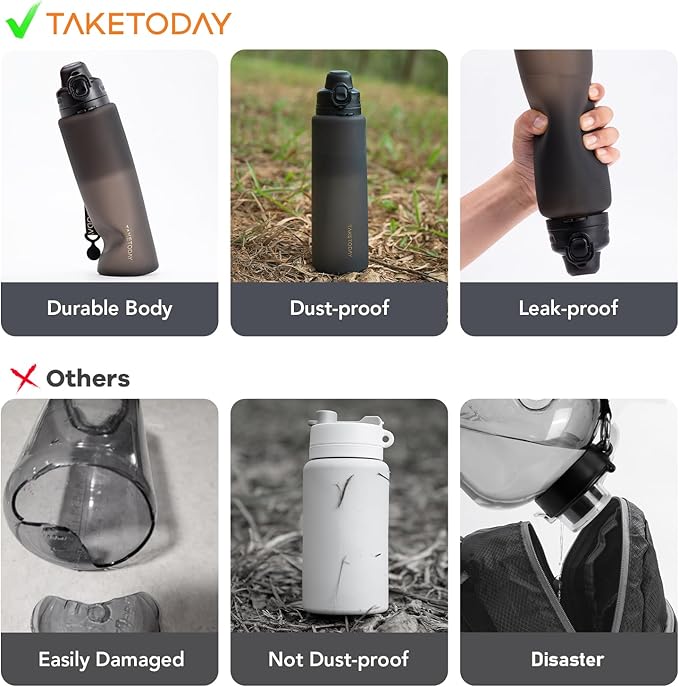 TakeToday Collapsible Water Bottles 32oz, Foldable Travel Water Bottle, BPA Free, Silicone Water Bottle Leakproof for Hiking, International Travel, Outdoors