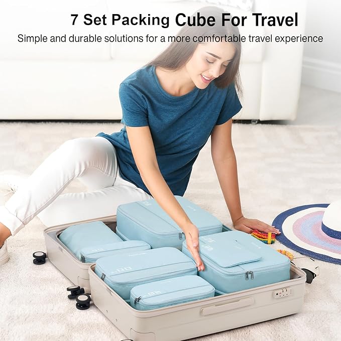 Compression Packing Cubes (Pack of 7), Expandable Luggage Organizer Bags, Hanke Packing Cubes for Travel, Double Zipper Durable Travel Packing Organizers for Suitcase Backpack and Carry-On