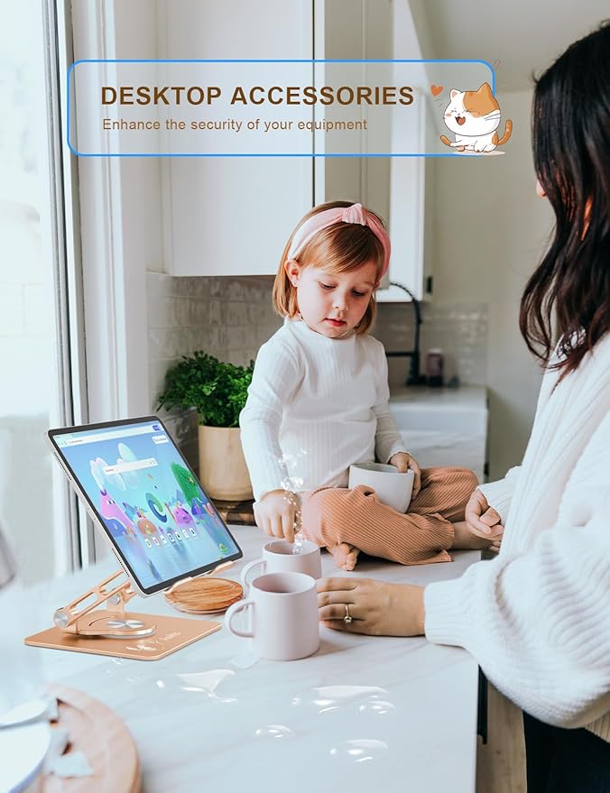 Tablet Stand 360° Rotating Aluminum Holder, Adjustable, Portable and Foldable Monitors Stand for iPads, Compatible with 4-12.9" Tablets, Golden