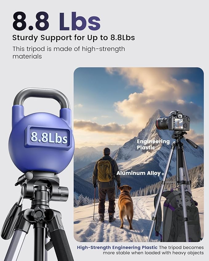 CAMBOFOTO 74"-Camera-Tripod, Professional Aluminum Tripod/Leg Stand Mirrorless Camera/DSLR/Cell Phone/Camcorder/GoPro, with Phone Holder and Travel Bag (Gunmetal Gray) Weight 2.8 lbs Load 8.8 lbs