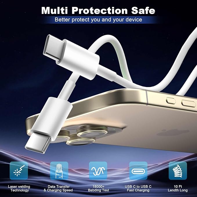iPhone 17 16 Charger,20W Dual Port Type C Charger Fast Charging Block,2Pack Double USB C Phone Chargers 10FT Long USB C Cord for iPhone 17/17 ProMax/17 Pro/17 Air/16 ProMax/16 Pro/16e/15 ProMax/15 Pro
