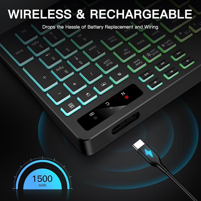 Wireless Keyboard with 7 Colors & 4 Modes RGB Backlit, Ergonomic Keyboard with Wrist Rest, Phone Tablet Holder, 2.4G Light Up Computer Keyboard with Numeric Keypad for Mac, Windows