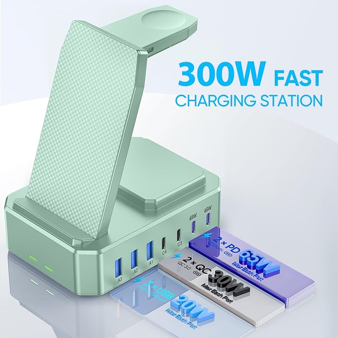 300W Charging Station for Multiple Devices Apple, Zutspzss 10 in 1 Wireless Charger for iPhone 16, GaN III USB C 65W PD Fast Charging Stand Dock for MacBook, Apple Watch&Airpods,Green