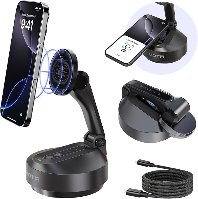 MOTA Tripod Stand Only for iPhone, 360 Degree Auto Tracking Stand for iPhone Support Native Camera and All Apps, 2 Axis Foldable Phone Holder for Video Recording with Megnetic Holder for Desk